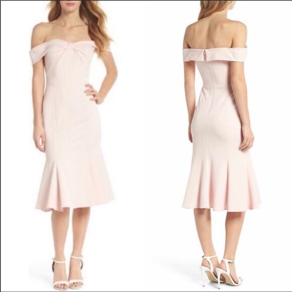 Gal Meets Glam  Women's Tyler Pink off the Shoulder‎ Bow Midi Dress Size 16 - Picture 5 of 6
